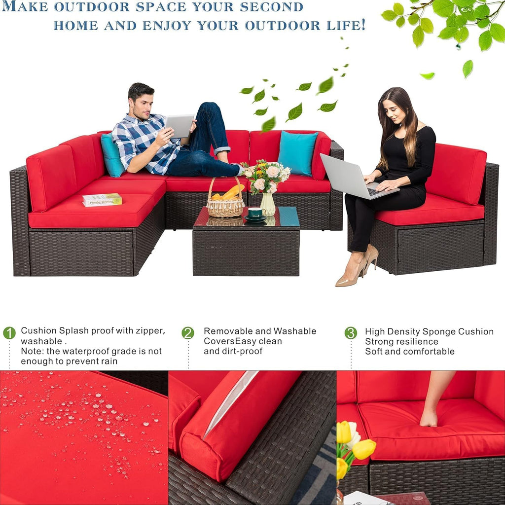 Vongrasig Patio Furniture Sets, Outdoor Patio Set Sectional Sofa, All-Weather PE Rattan Outdoor Couch with Ottoman, Glass Table for Garden, Backyard, Porch