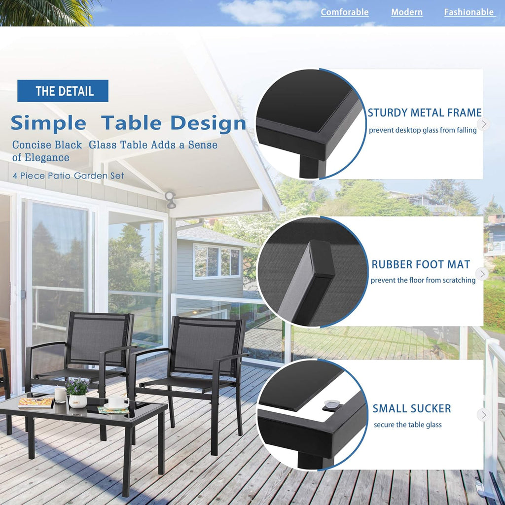 Vongrasig 4 Pieces Patio Furniture Sets,Outdoor Patio Conversation Sets with Glass Coffee Table, Small Porch Balcony Furniture, Patio Table and Chairs Set for Garden, Backyard