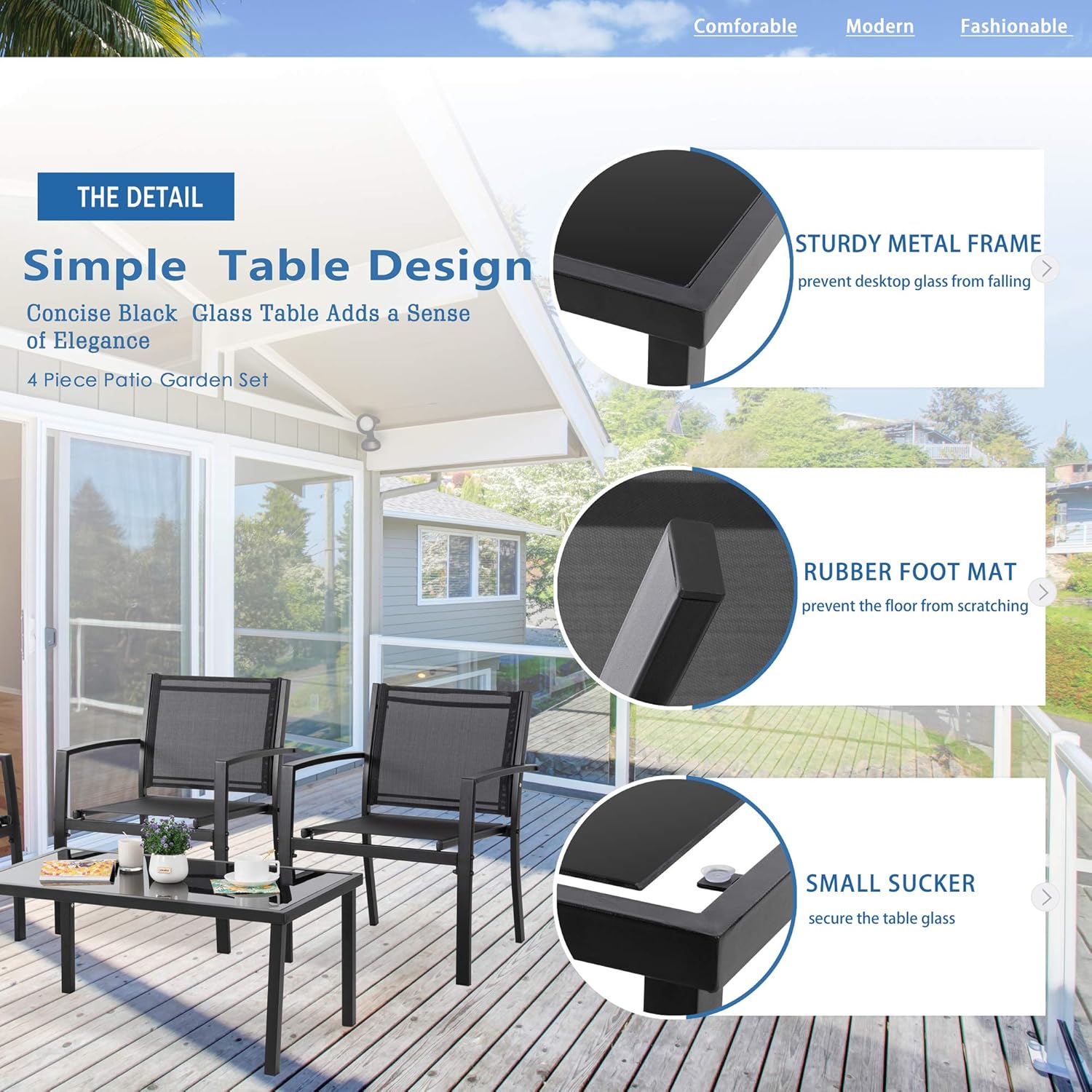 Vongrasig 4 Pieces Patio Furniture Sets,Outdoor Patio Conversation Sets with Glass Coffee Table, Small Porch Balcony Furniture, Patio Table and Chairs Set for Garden, Backyard