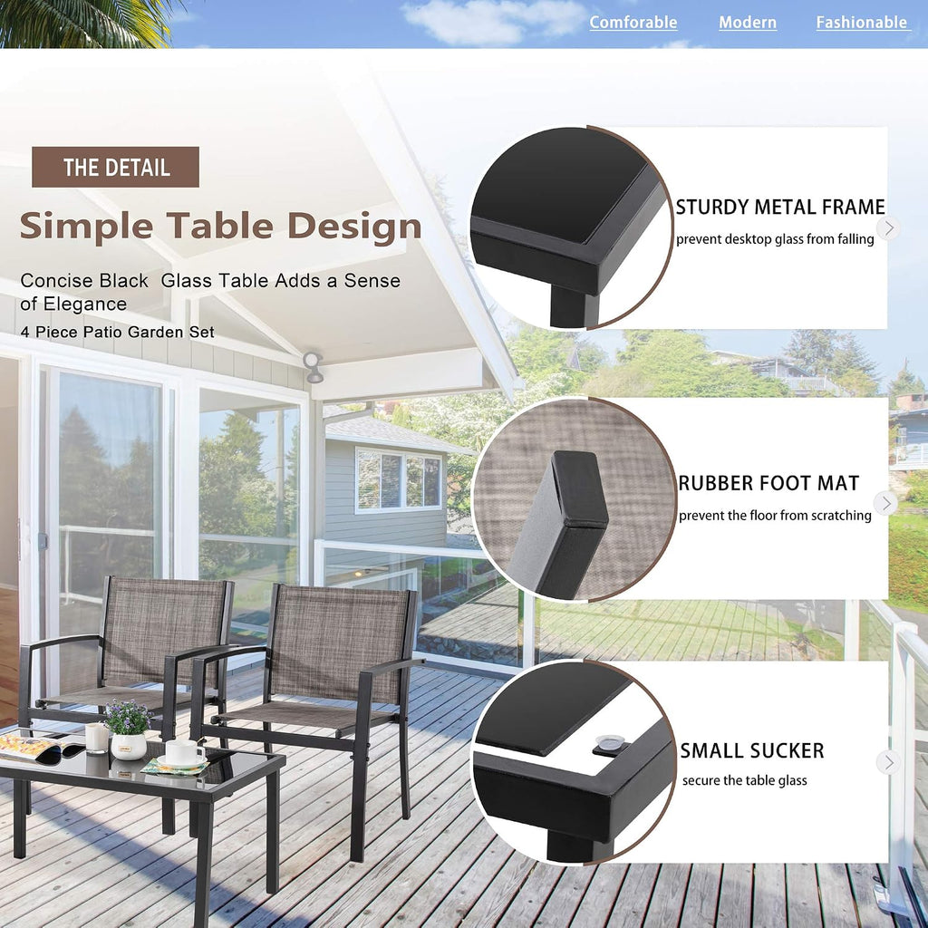 Vongrasig 4 Pieces Patio Furniture Sets,Outdoor Patio Conversation Sets with Glass Coffee Table, Small Porch Balcony Furniture, Patio Table and Chairs Set for Garden, Backyard