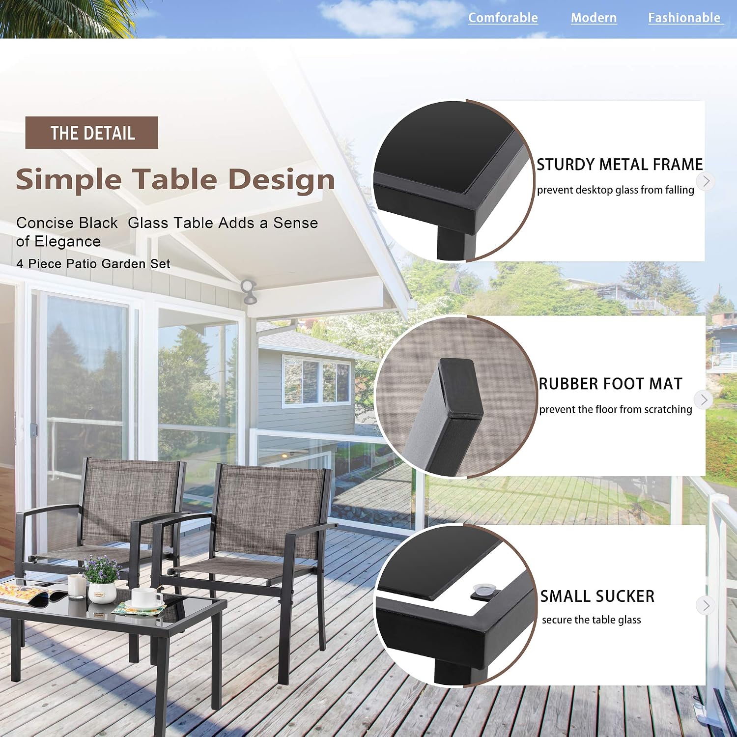 Vongrasig 4 Pieces Patio Furniture Sets,Outdoor Patio Conversation Sets with Glass Coffee Table, Small Porch Balcony Furniture, Patio Table and Chairs Set for Garden, Backyard