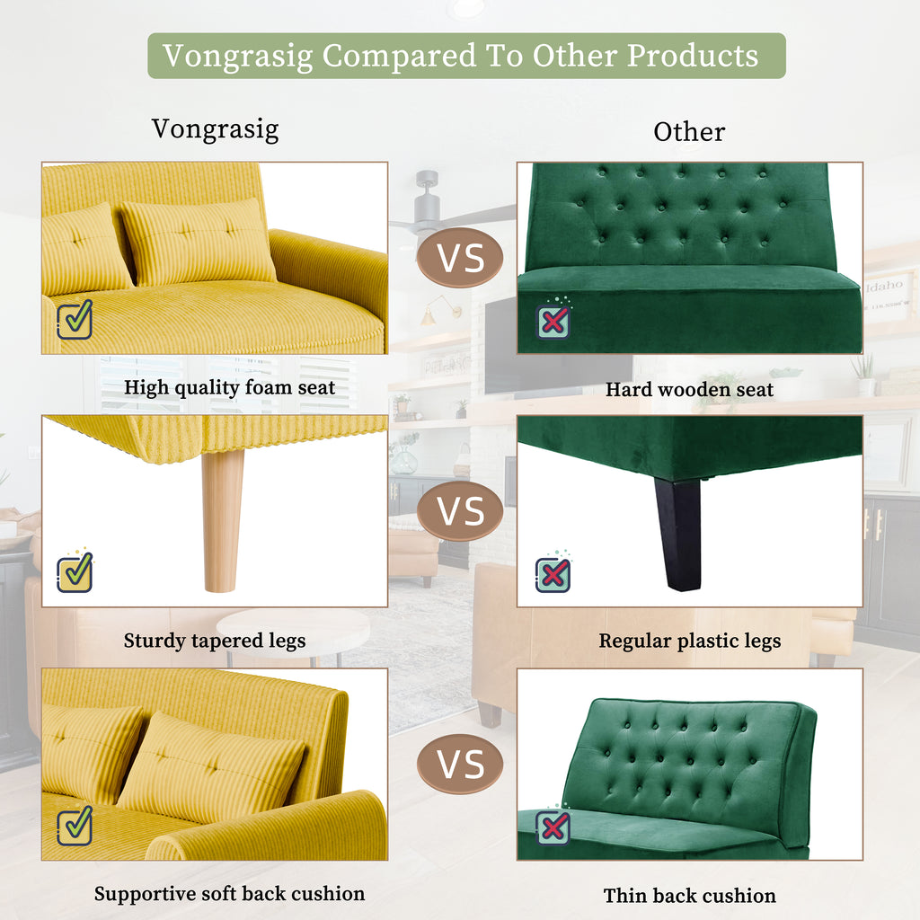 Vongrasig 48" Small Modern Loveseat Sofa, Mid Century Soft Corduroy Fabric 3-Seat Sofa Couch Tufted with Back Cushions and Tapered Legs for Living Room, Bedroom and Small Space