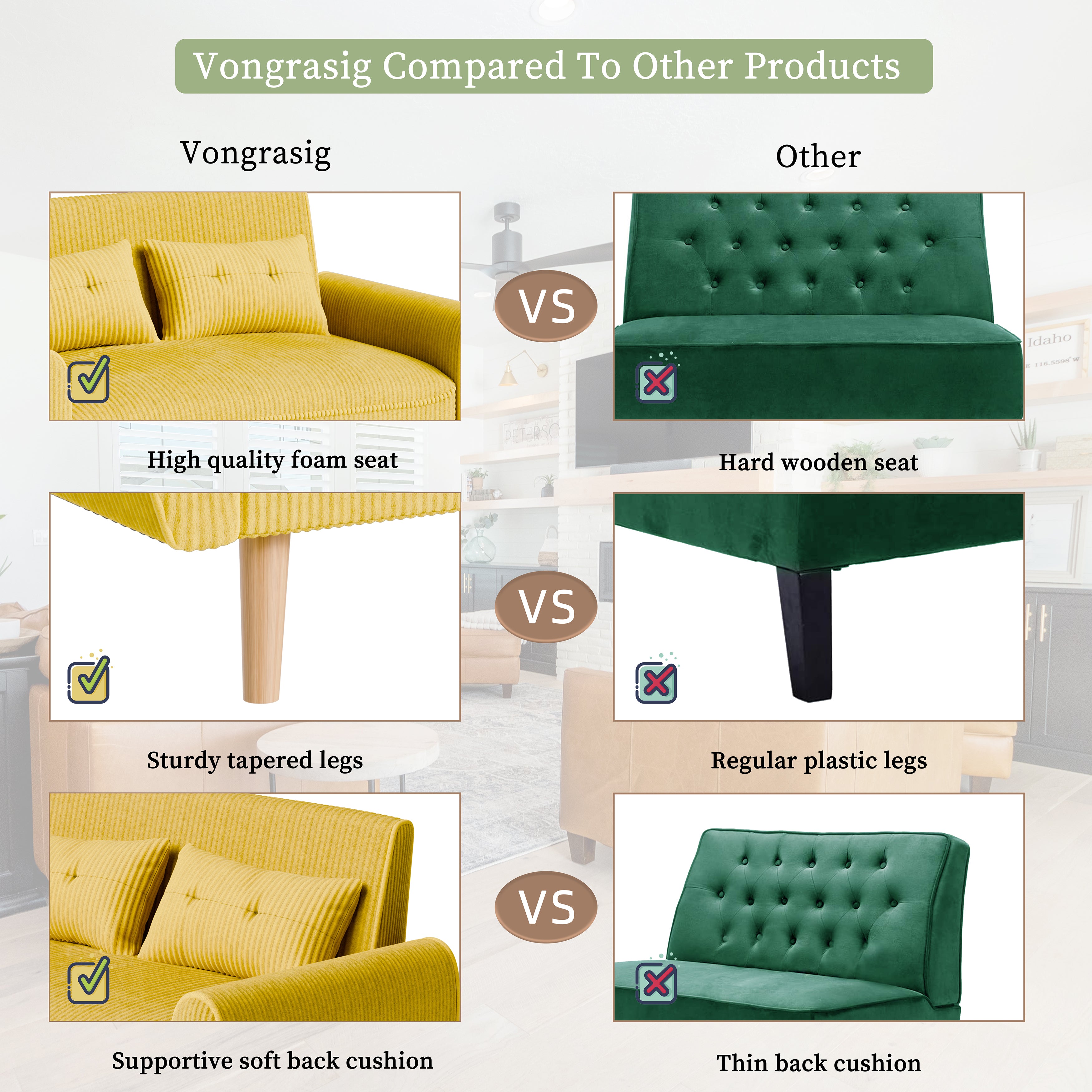 Vongrasig 48" Small Modern Loveseat Sofa, Mid Century Soft Corduroy Fabric 3-Seat Sofa Couch Tufted with Back Cushions and Tapered Legs for Living Room, Bedroom and Small Space