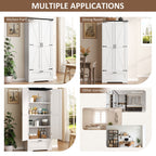 Vongrasig Kitchen Pantry Storage Cabinet with Barn Doors, Drawer and Adjustable Shelves, 4-Tier Tall Rustic Wood Cupboard Locker for Kitchen, Living Room, Bathroom, Dining Room