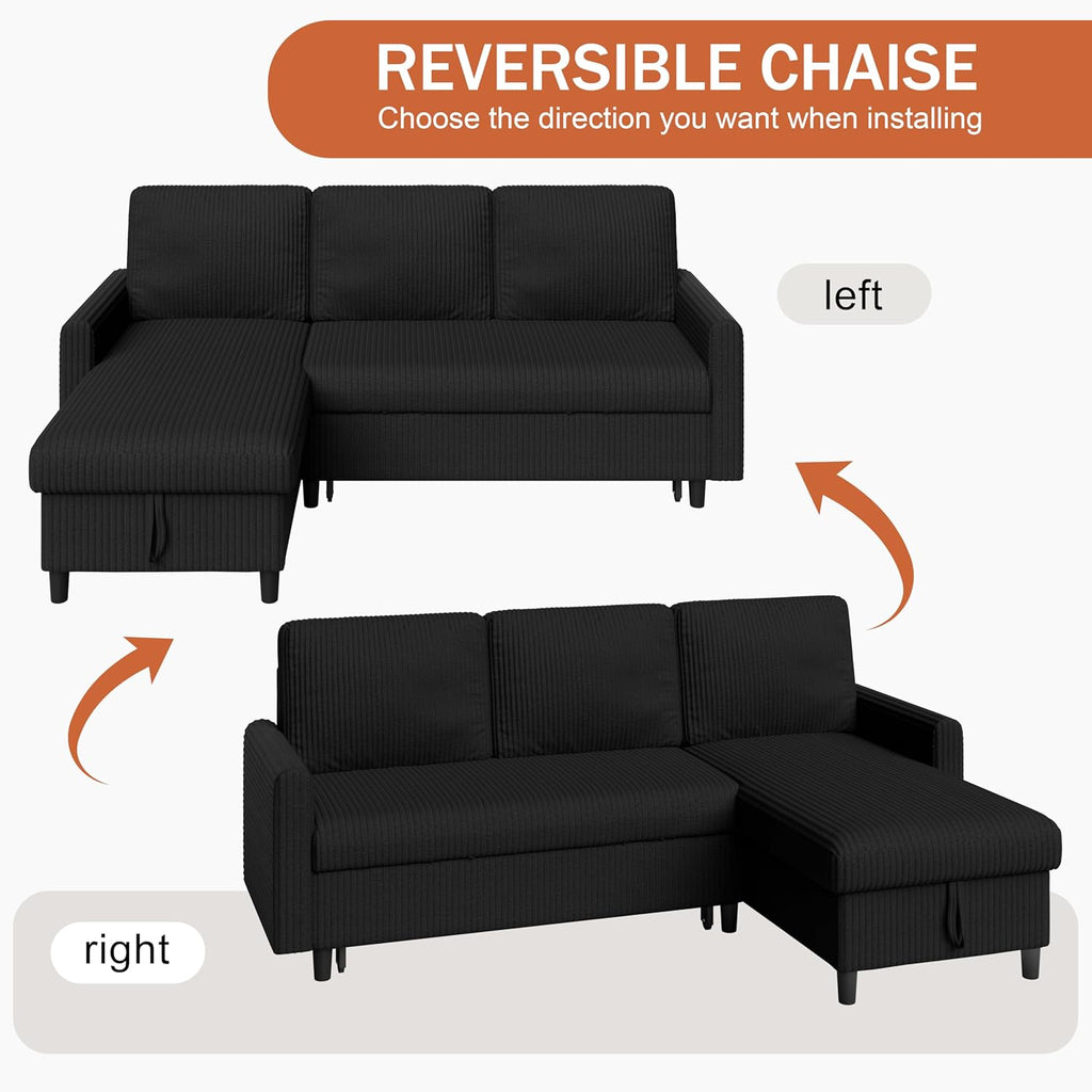 Vongrasig Sleeper Sofa with Storage for Small Space, Convertible Small Pull Out Couch with Storage Chaise, L Shaped Sectional Sofa Bed for Apartment, Guest Room, Black Corduroy