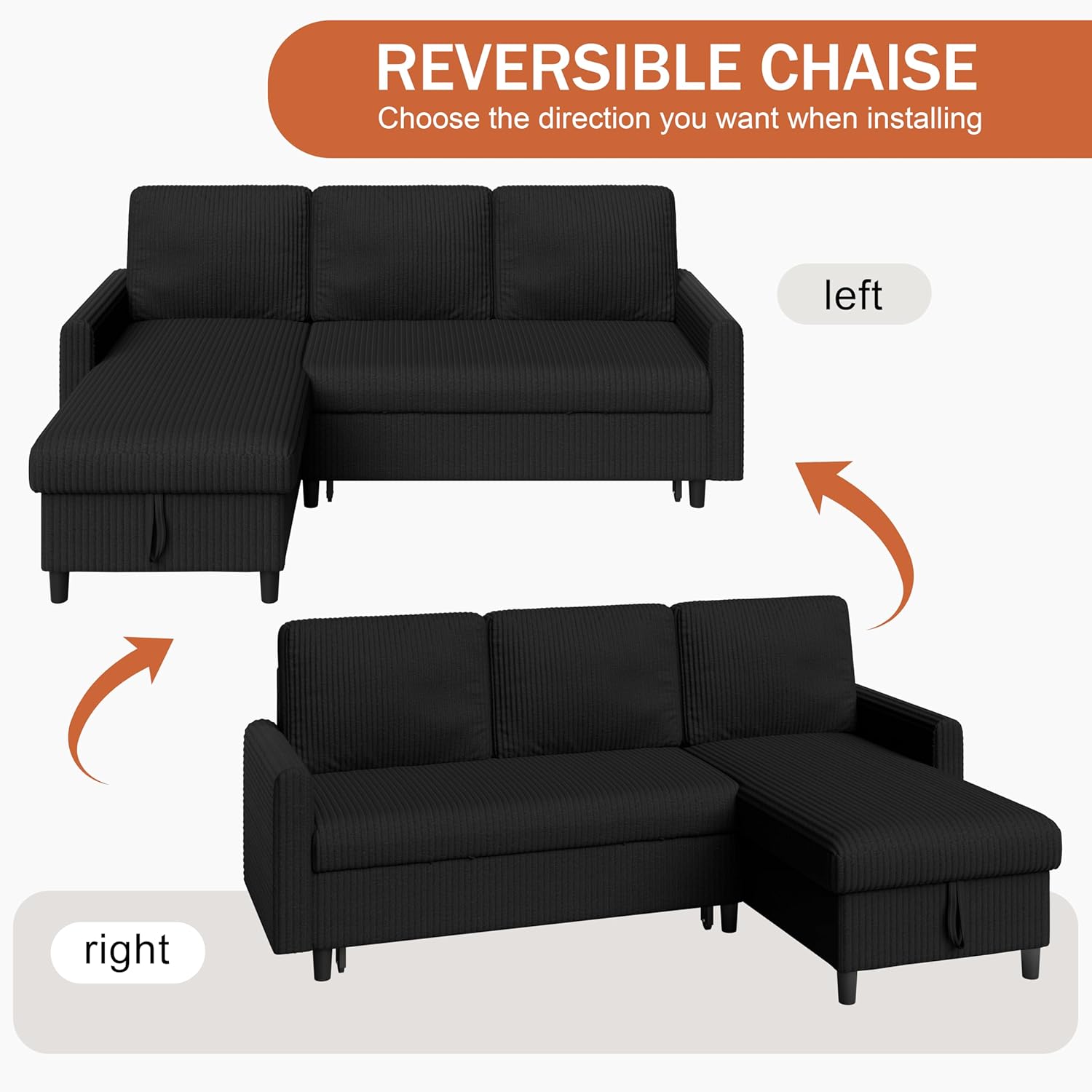 Vongrasig Sleeper Sofa with Storage for Small Space, Convertible Small Pull Out Couch with Storage Chaise, L Shaped Sectional Sofa Bed for Apartment, Guest Room, Black Corduroy