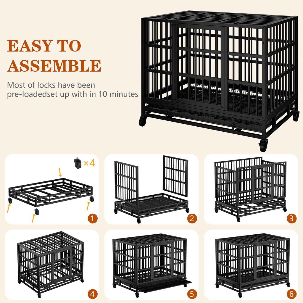 Vongrasig 38 Inch Heavy Duty Indestructible Dog Crate, Escape Proof Dog Cage Kennel with Lockable Wheels,High Anxiety Double Door Dog Cage,Extra Large XL XXL Crate Indoor for Large Dogs