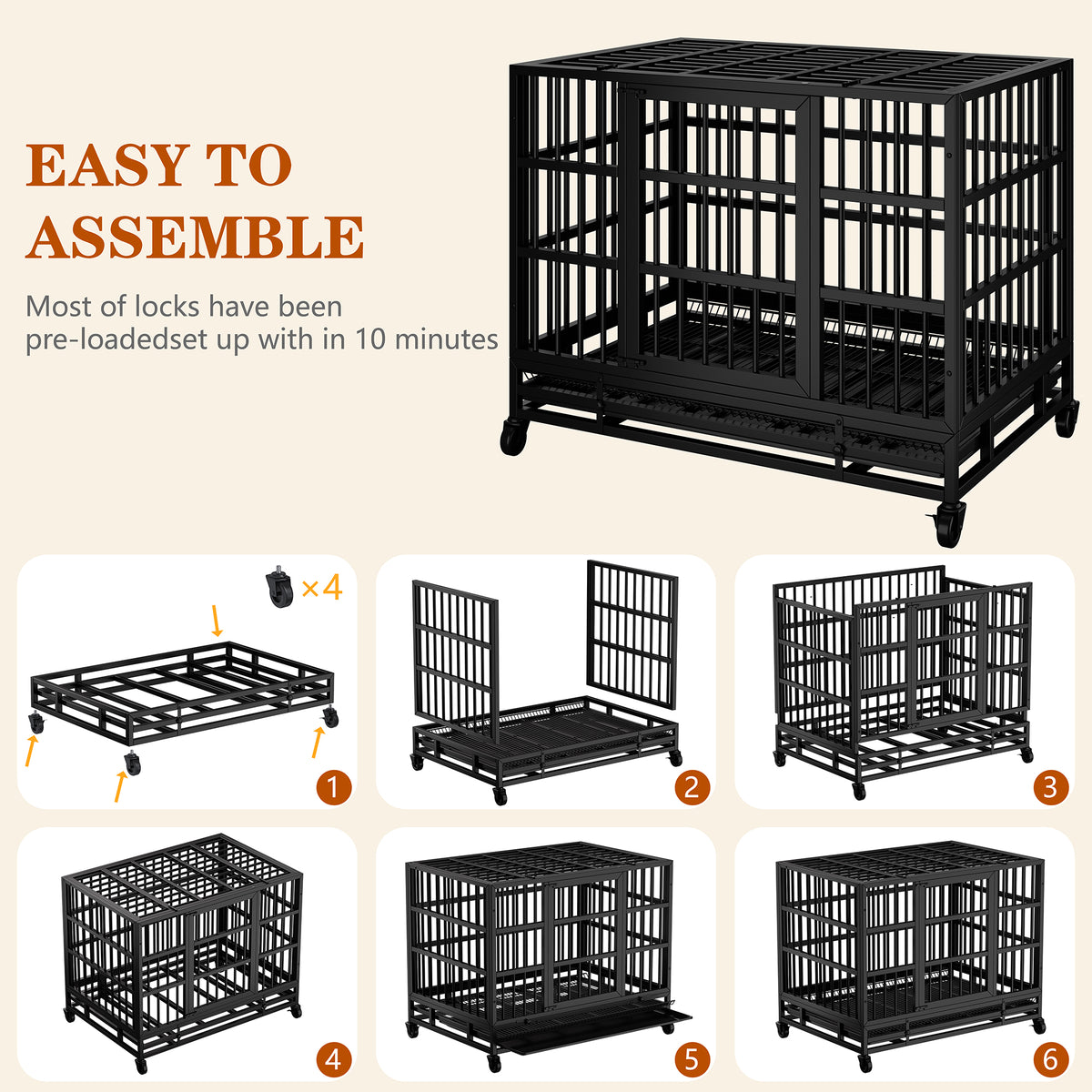 Vongrasig 38 Inch Heavy Duty Indestructible Dog Crate, Escape Proof Dog Cage Kennel with Lockable Wheels,High Anxiety Double Door Dog Cage,Extra Large XL XXL Crate Indoor for Large Dogs