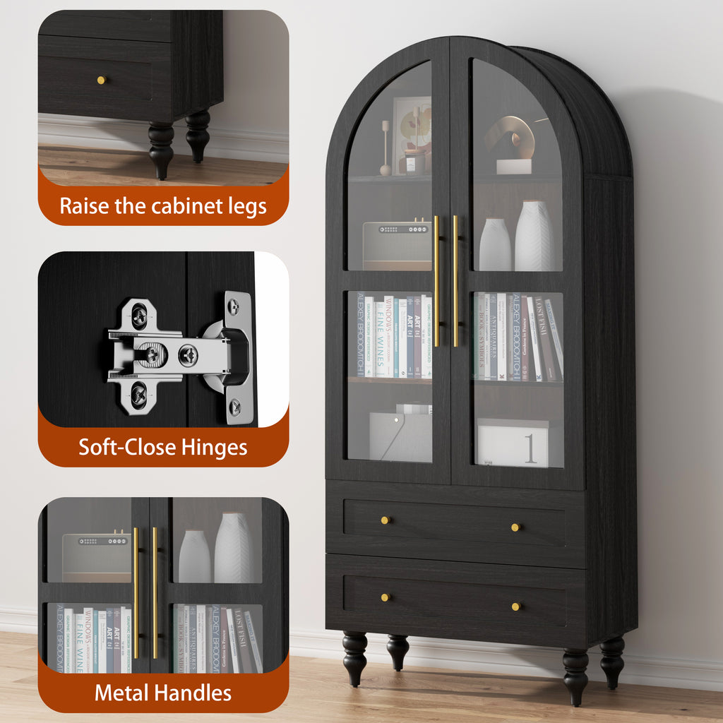 Vongrasig 71" Tall Arched Kitchen Pantry Storage Cabinet with Glass Doors, 2 Large Drawers, 6-Tier Tall Rustic Wood Cupboard Locker for Kitchen, Dining Room, Living Room, Bathroom,Black