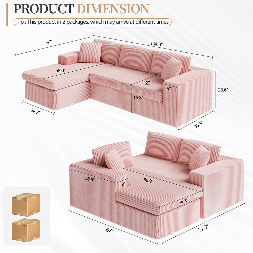 Vongrasig 105" Boneless Couches for Living Room, Sectional Couches Modular Sofa with L-Shaped Chaise, Memory Foam Comfy Cloud Couch with Plush Corduroy Fabric, No Assembly Required