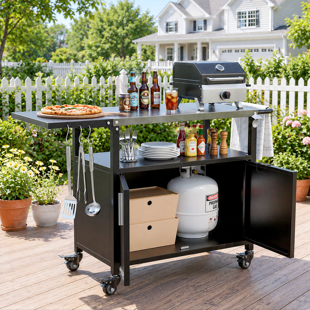 Vongrasig Outdoor Grill Cart, Patio Kitchen Island with Storage, Outdoor Bar Table BBQ Cart Pizza Oven Table with Foldable Stainless Steel Top & Wheels
