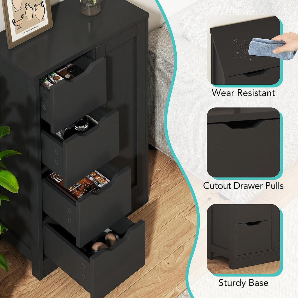 Vongrasig Bathroom Floor Storage Cabinet, Wooden Storage Organizer with 4 Drawers and 1 Door, Freestanding Pantry Cabinet with Adjustable Shelves for Bathroom, Living Room, Kitchen, Entryway