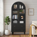 Vongrasig 71" Tall Arched Kitchen Pantry Storage Cabinet with Glass Doors, 2 Large Drawers, 6-Tier Tall Rustic Wood Cupboard Locker for Kitchen, Dining Room, Living Room, Bathroom,Black