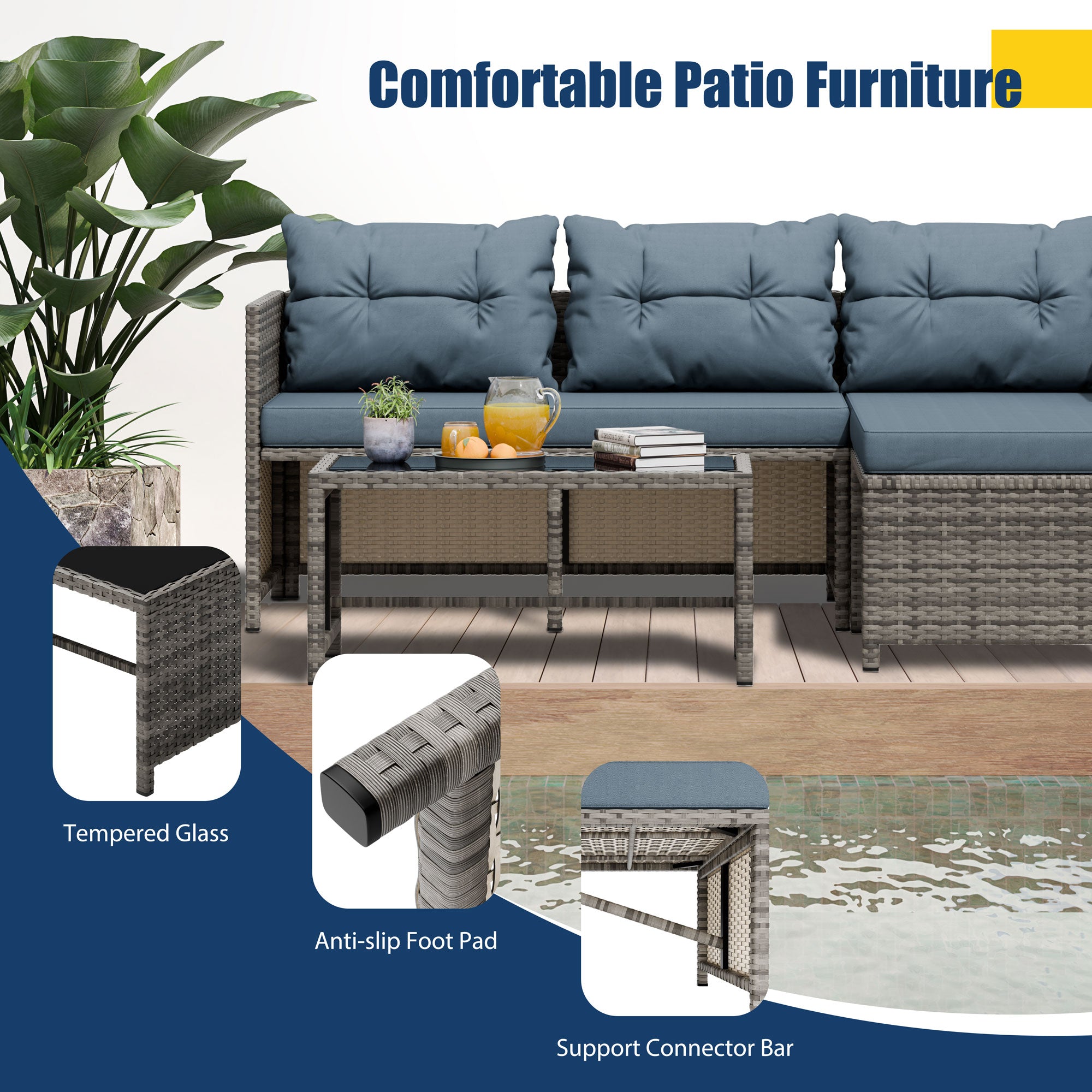Vongrasig 3 Pieces Patio Furniture Sets, All-Weather Wicker Outdoor Sofa Couch Sectional Set, Small Conversation Set for Patio, Garden w/Cushion, Glass Table