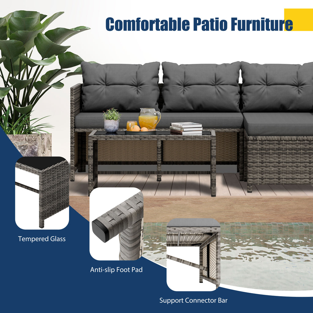 Vongrasig 3 Pieces Patio Furniture Sets, All-Weather Wicker Outdoor Sofa Couch Sectional Set, Small Conversation Set for Patio, Garden w/Cushion, Glass Table
