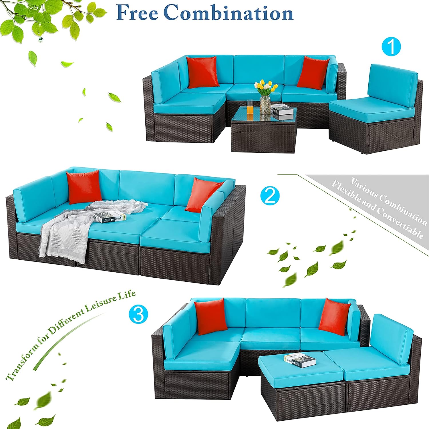 Vongrasig Patio Furniture Sets, Outdoor Patio Set Sectional Sofa, All-Weather PE Rattan Outdoor Couch with Ottoman, Glass Table for Garden, Backyard, Porch