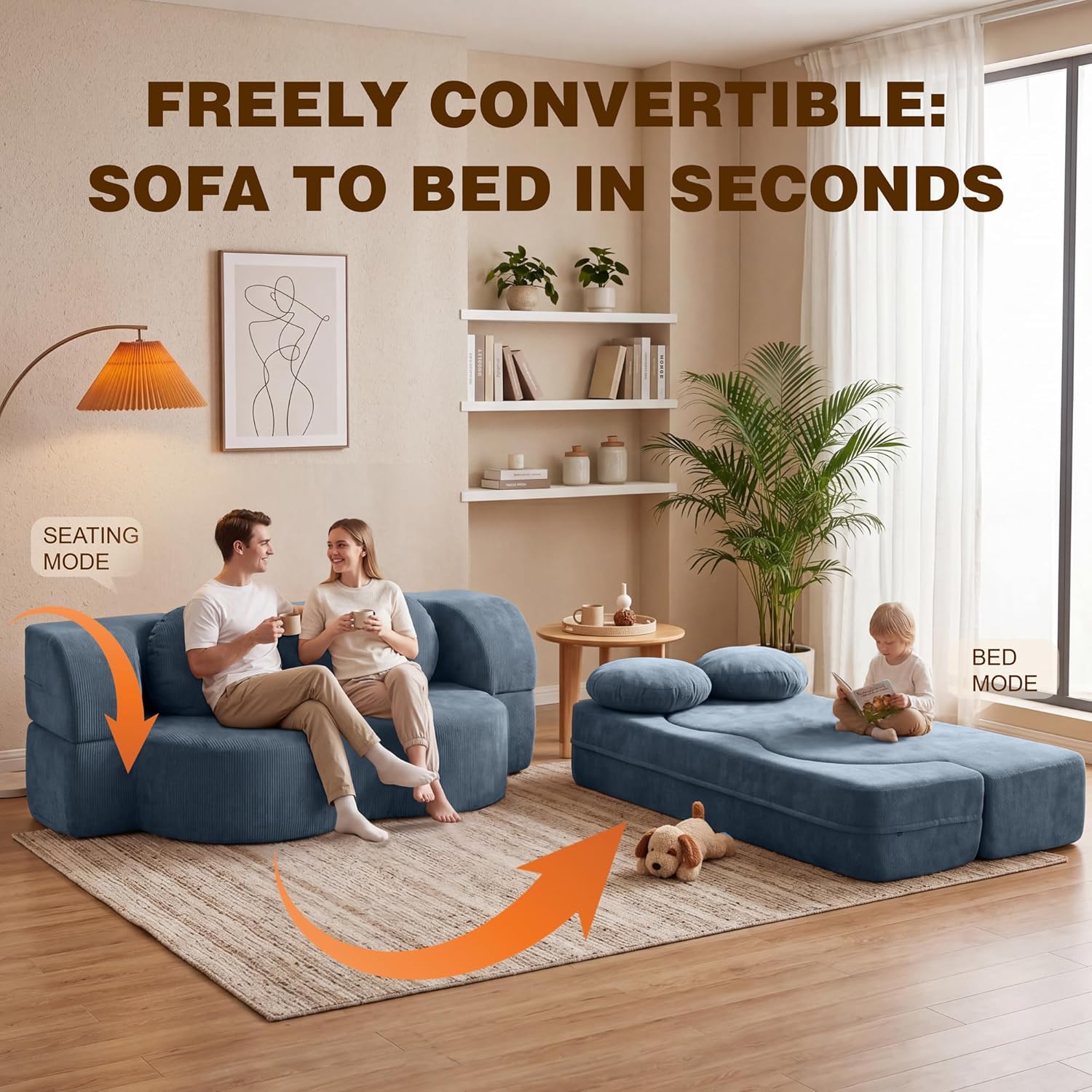 Vongrasig 77” Convertible Sofa Bed, Folding Boneless Couch, Floor Sofa 2-in-1 Curved Couch for Small Living Room, Apartment, Guest Room