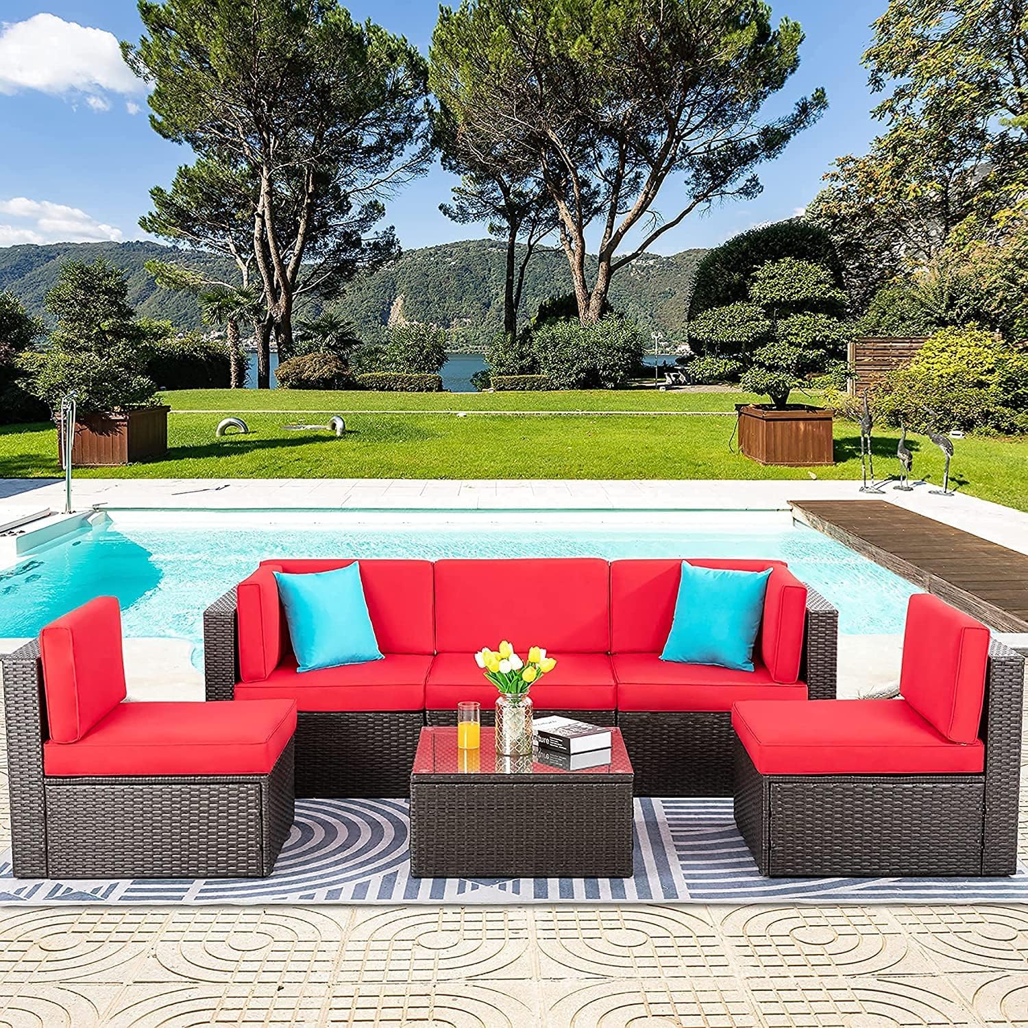Vongrasig Patio Furniture Sets, Outdoor Patio Set Sectional Sofa, All-Weather PE Rattan Outdoor Couch with Ottoman, Glass Table for Garden, Backyard, Porch