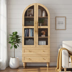 Vongrasig 71" Tall Arched Kitchen Pantry Storage Cabinet with Glass Doors, 2 Large Drawers, 6-Tier Tall Rustic Wood Cupboard Locker for Kitchen, Dining Room, Living Room, Bathroom,Natural