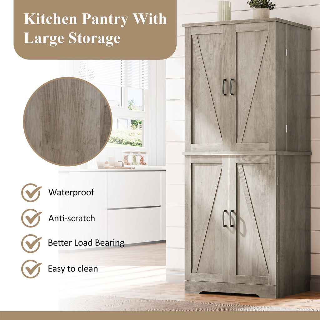 Vongrasig Kitchen Pantry Storage Cabinet with Barn Doors, Drawer and Adjustable Shelves, 6-Tier Tall Rustic Wood Cupboard Locker for Kitchen, Dining Room, Living Room, Bathroom