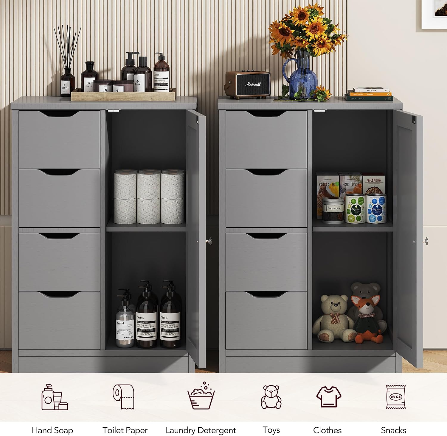 Vongrasig Bathroom Floor Storage Cabinet, Wooden Storage Organizer with 4 Drawers and 1 Door, Freestanding Pantry Cabinet with Adjustable Shelves for Bathroom, Living Room, Kitchen, Entryway
