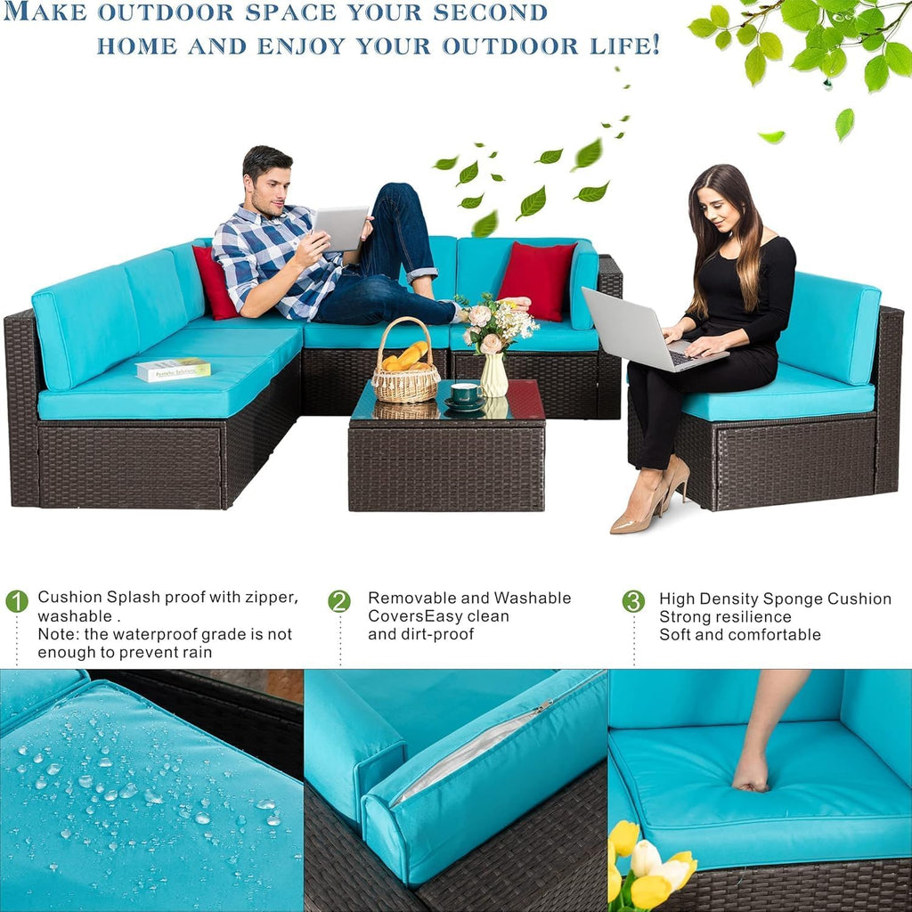 Vongrasig Patio Furniture Sets, Outdoor Patio Set Sectional Sofa, All-Weather PE Rattan Outdoor Couch with Ottoman, Glass Table for Garden, Backyard, Porch