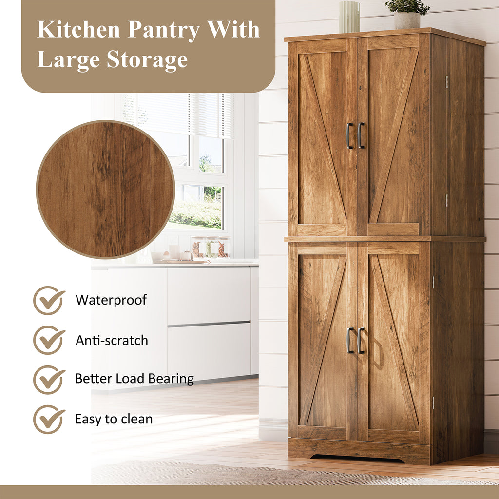 Vongrasig Kitchen Pantry Storage Cabinet with Barn Doors, Drawer and Adjustable Shelves, 6-Tier Tall Rustic Wood Cupboard Locker for Kitchen, Dining Room, Living Room, Bathroom