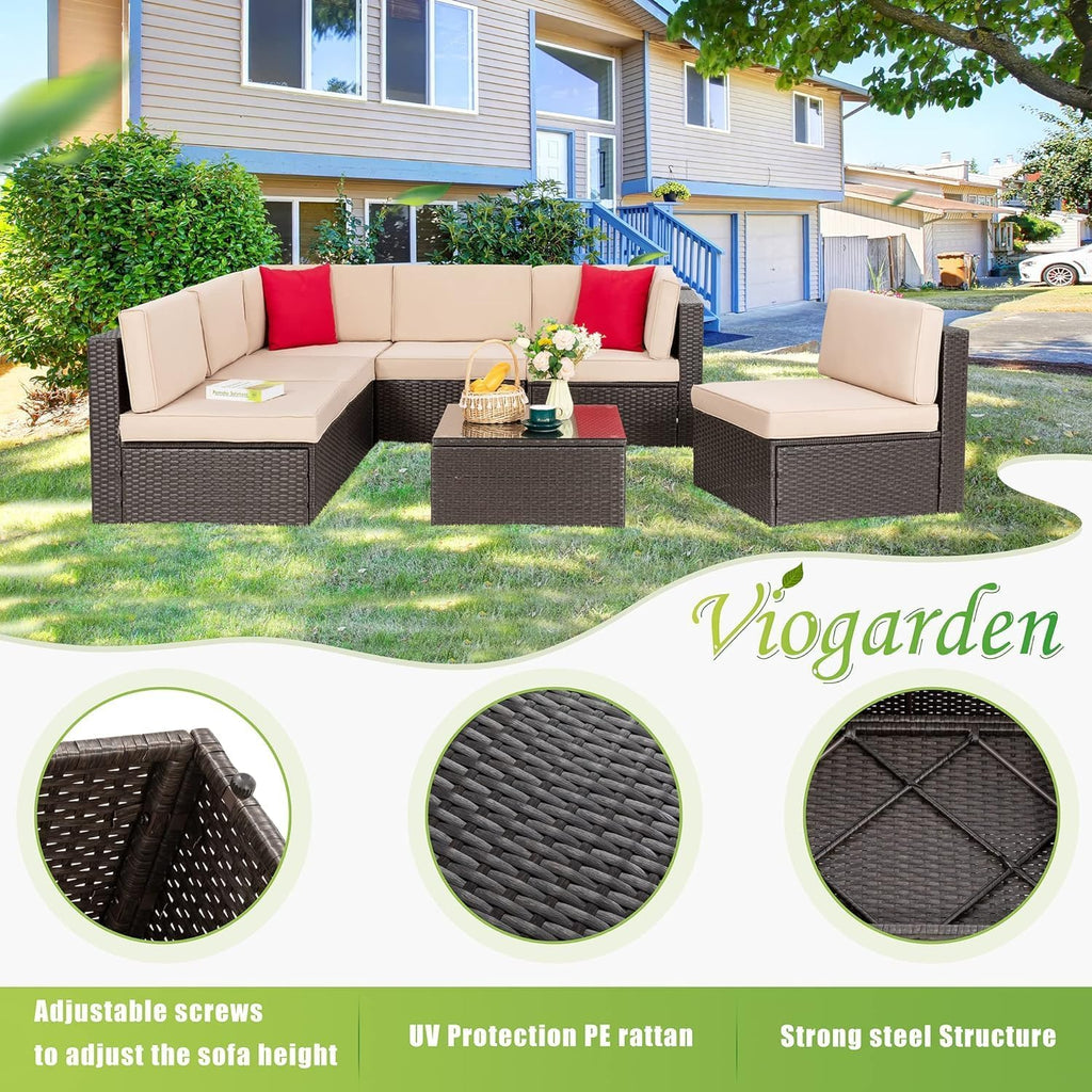 Vongrasig Patio Furniture Sets, Outdoor Patio Set Sectional Sofa, All-Weather PE Rattan Outdoor Couch with Ottoman, Glass Table for Garden, Backyard, Porch