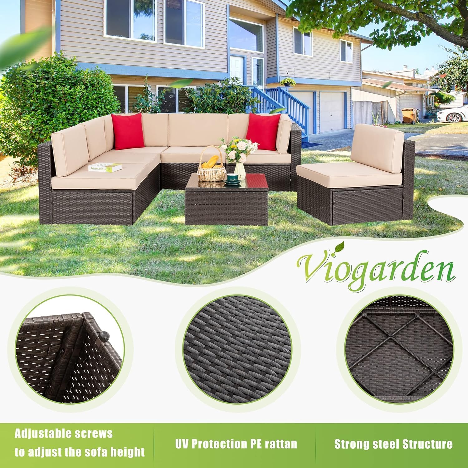 Vongrasig Patio Furniture Sets, Outdoor Patio Set Sectional Sofa, All-Weather PE Rattan Outdoor Couch with Ottoman, Glass Table for Garden, Backyard, Porch