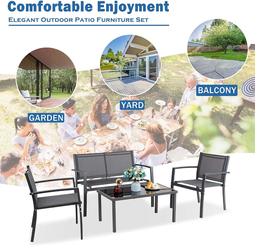Vongrasig 4 Pieces Patio Furniture Sets,Outdoor Patio Conversation Sets with Glass Coffee Table, Small Porch Balcony Furniture, Patio Table and Chairs Set for Garden, Backyard