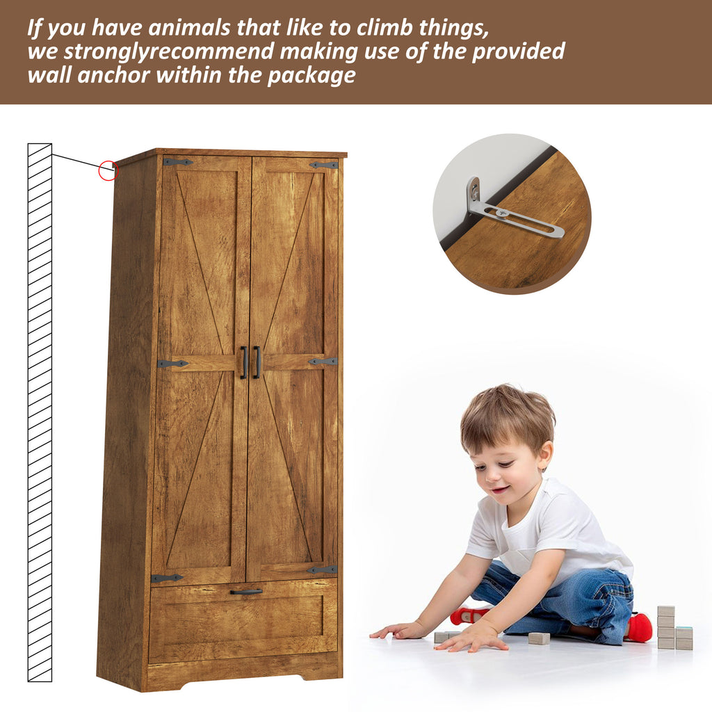 Vongrasig Kitchen Pantry Storage Cabinet with Barn Doors, Drawer and Adjustable Shelves, 4-Tier Tall Rustic Wood Cupboard Locker for Kitchen, Living Room, Bathroom, Dining Room