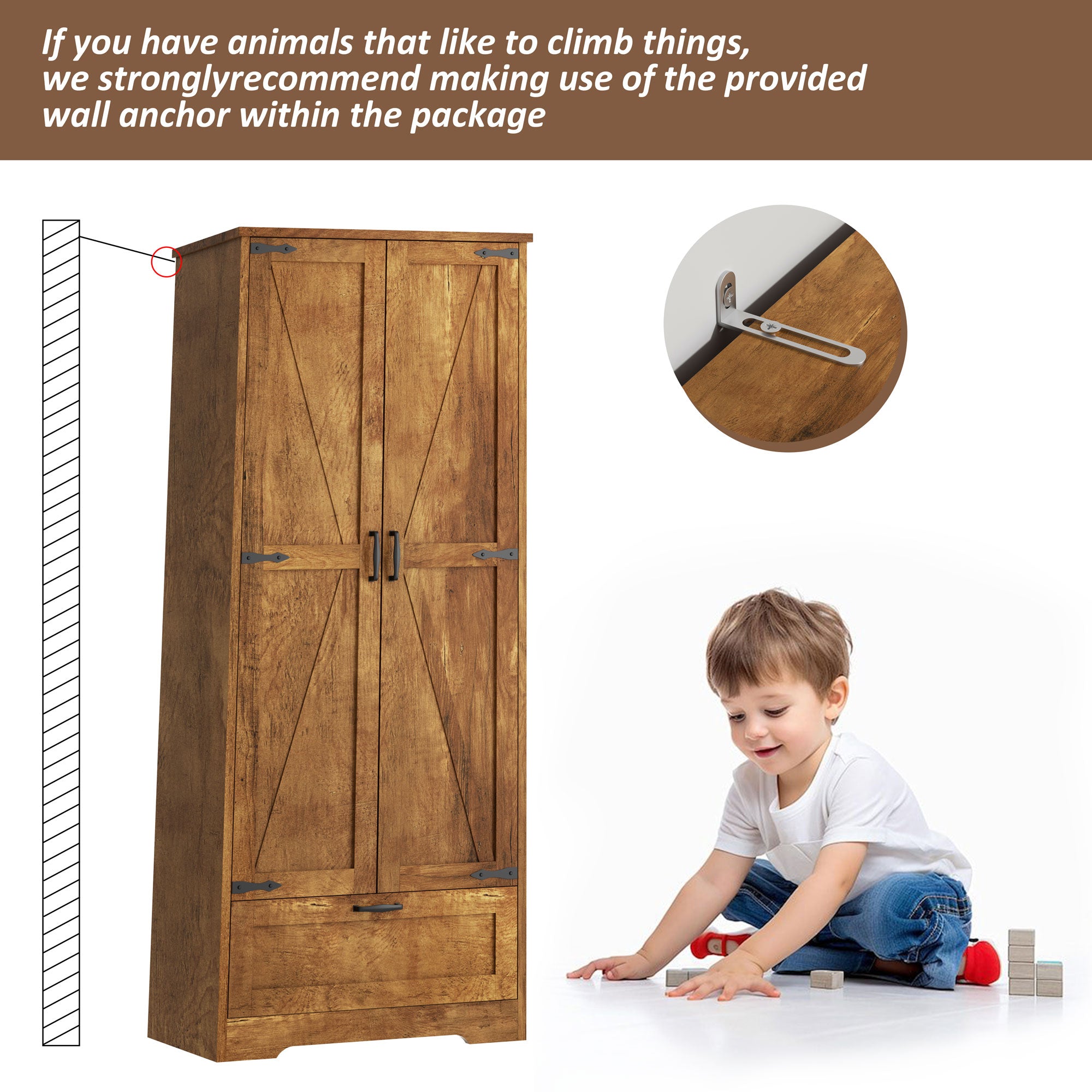 Vongrasig Kitchen Pantry Storage Cabinet with Barn Doors, Drawer and Adjustable Shelves, 4-Tier Tall Rustic Wood Cupboard Locker for Kitchen, Living Room, Bathroom, Dining Room
