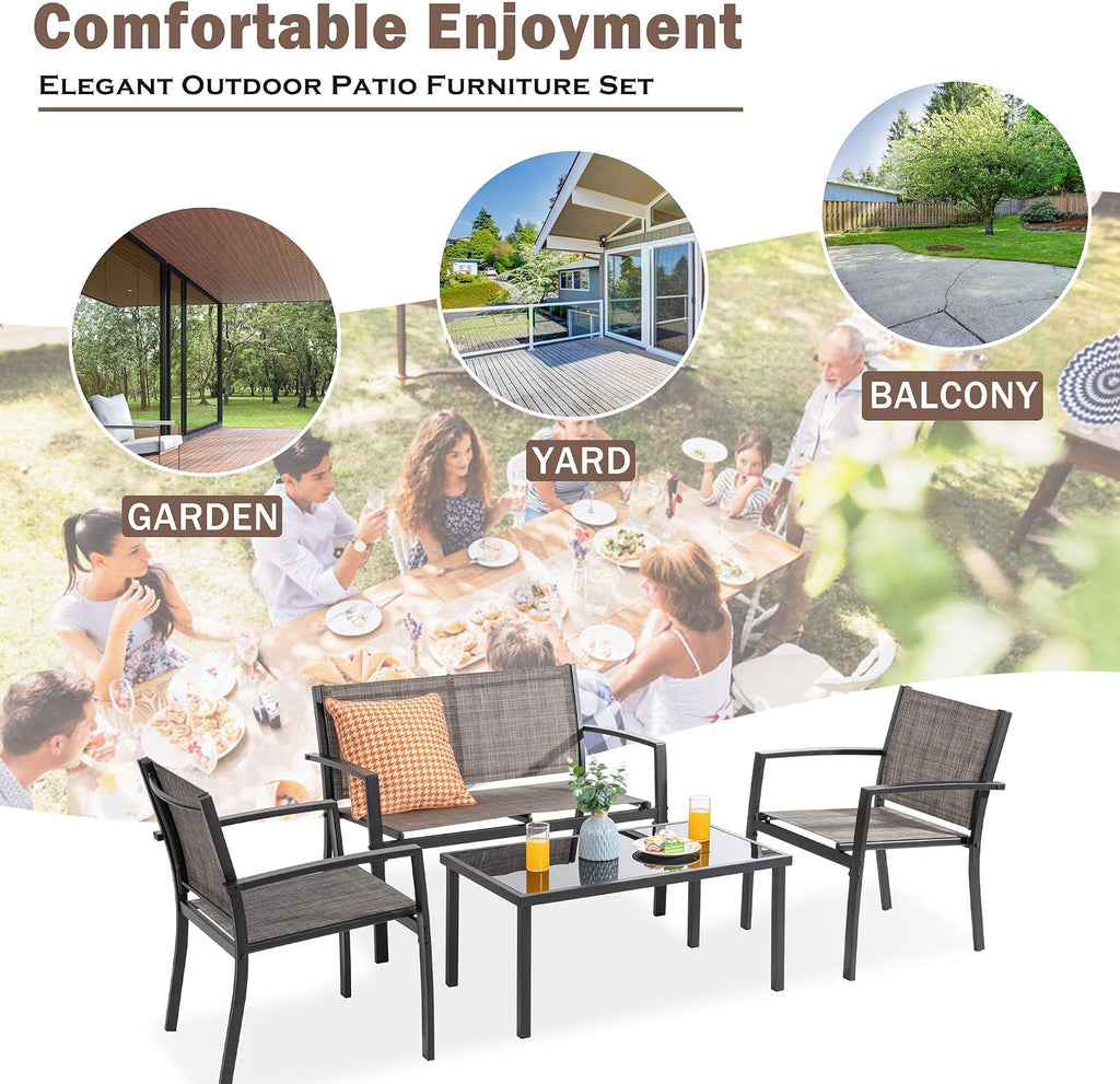 Vongrasig 4 Pieces Patio Furniture Sets,Outdoor Patio Conversation Sets with Glass Coffee Table, Small Porch Balcony Furniture, Patio Table and Chairs Set for Garden, Backyard