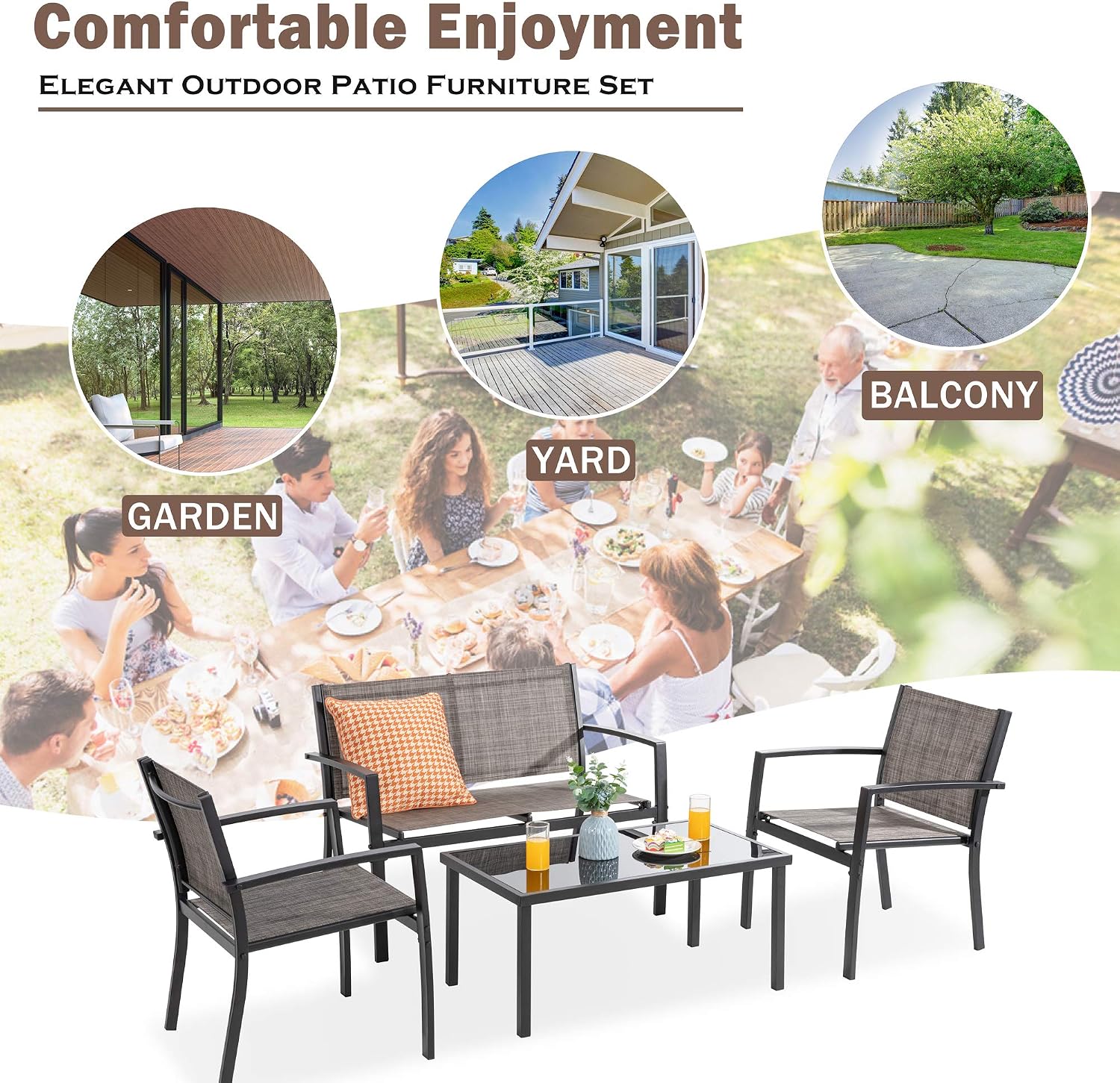Vongrasig 4 Pieces Patio Furniture Sets,Outdoor Patio Conversation Sets with Glass Coffee Table, Small Porch Balcony Furniture, Patio Table and Chairs Set for Garden, Backyard