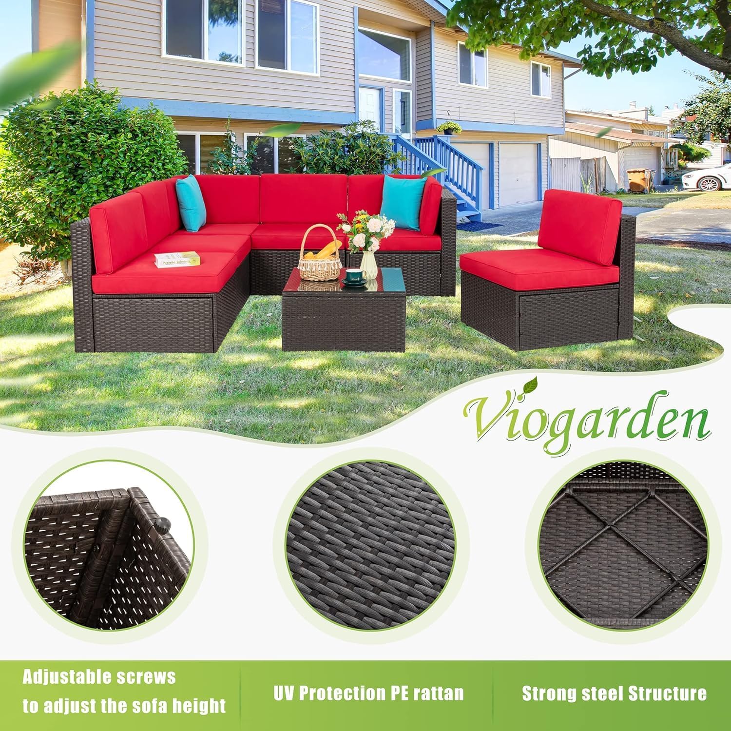 Vongrasig Patio Furniture Sets, Outdoor Patio Set Sectional Sofa, All-Weather PE Rattan Outdoor Couch with Ottoman, Glass Table for Garden, Backyard, Porch