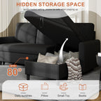 Vongrasig Sleeper Sofa with Storage for Small Space, Convertible Small Pull Out Couch with Storage Chaise, L Shaped Sectional Sofa Bed for Apartment, Guest Room, Black Corduroy