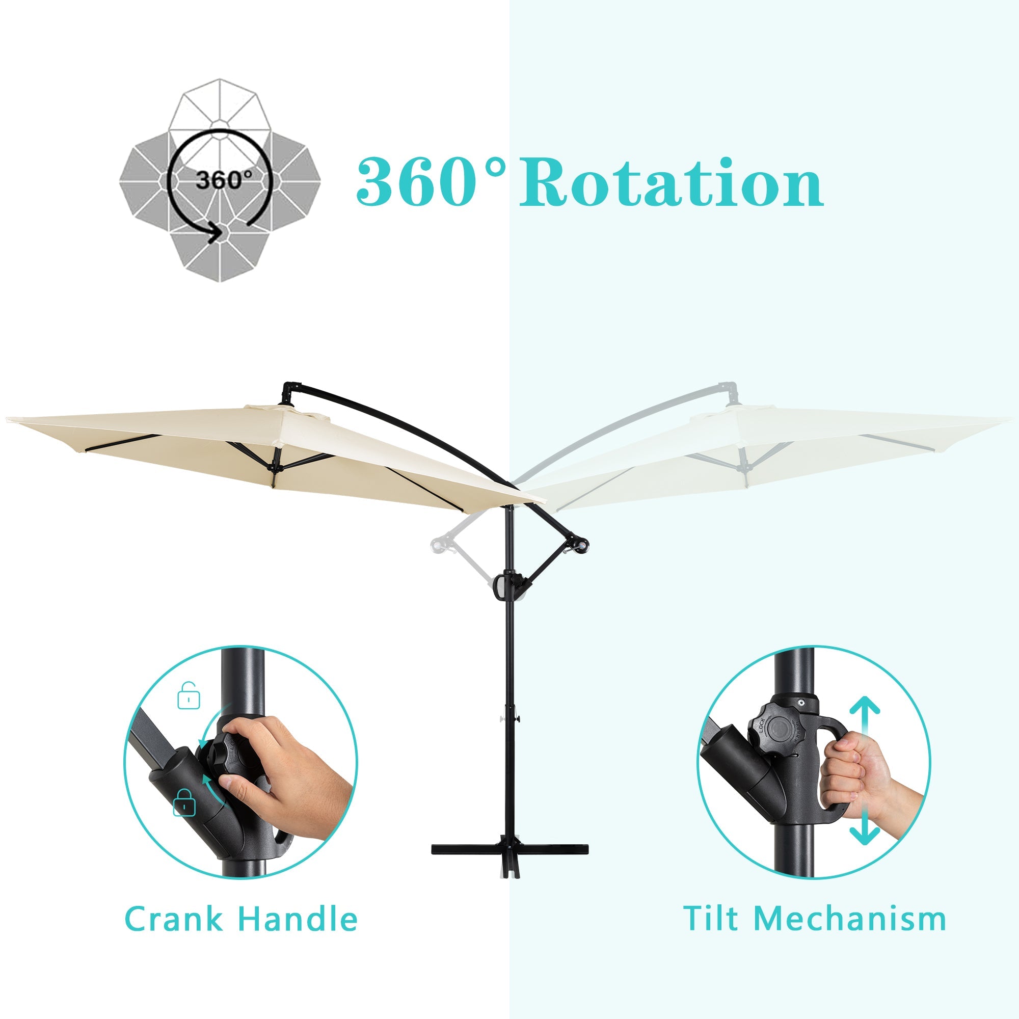 Walsunny Patio Offset Umbrella Easy Tilt Adjustment,Crank and Cross Base, Outdoor Cantilever Hanging Umbrella with 8 Ribs (7504185786544)