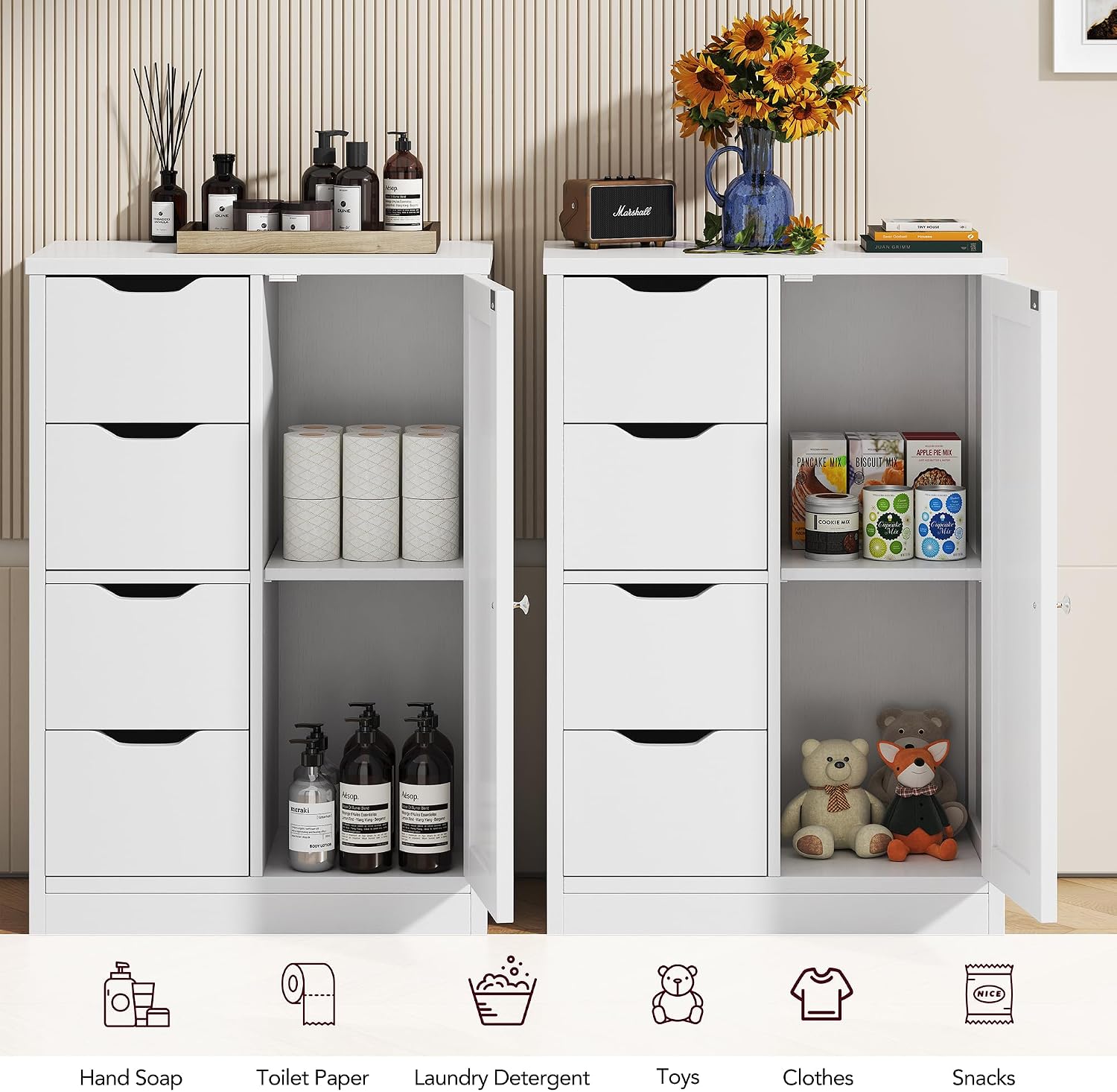 Vongrasig Bathroom Floor Storage Cabinet, Wooden Storage Organizer with 4 Drawers and 1 Door, Freestanding Pantry Cabinet with Adjustable Shelves for Bathroom, Living Room, Kitchen, Entryway