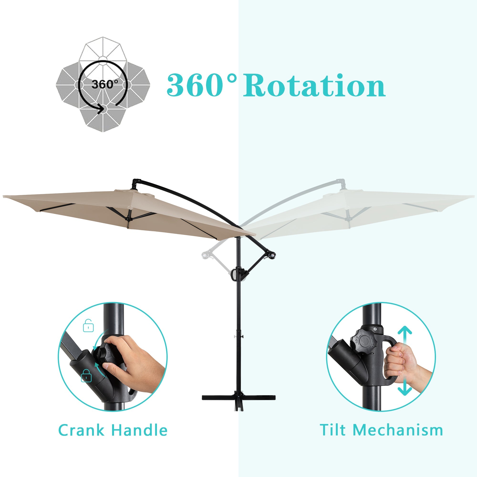 Walsunny Patio Offset Umbrella Easy Tilt Adjustment,Crank and Cross Base, Outdoor Cantilever Hanging Umbrella with 8 Ribs (7504185786544)