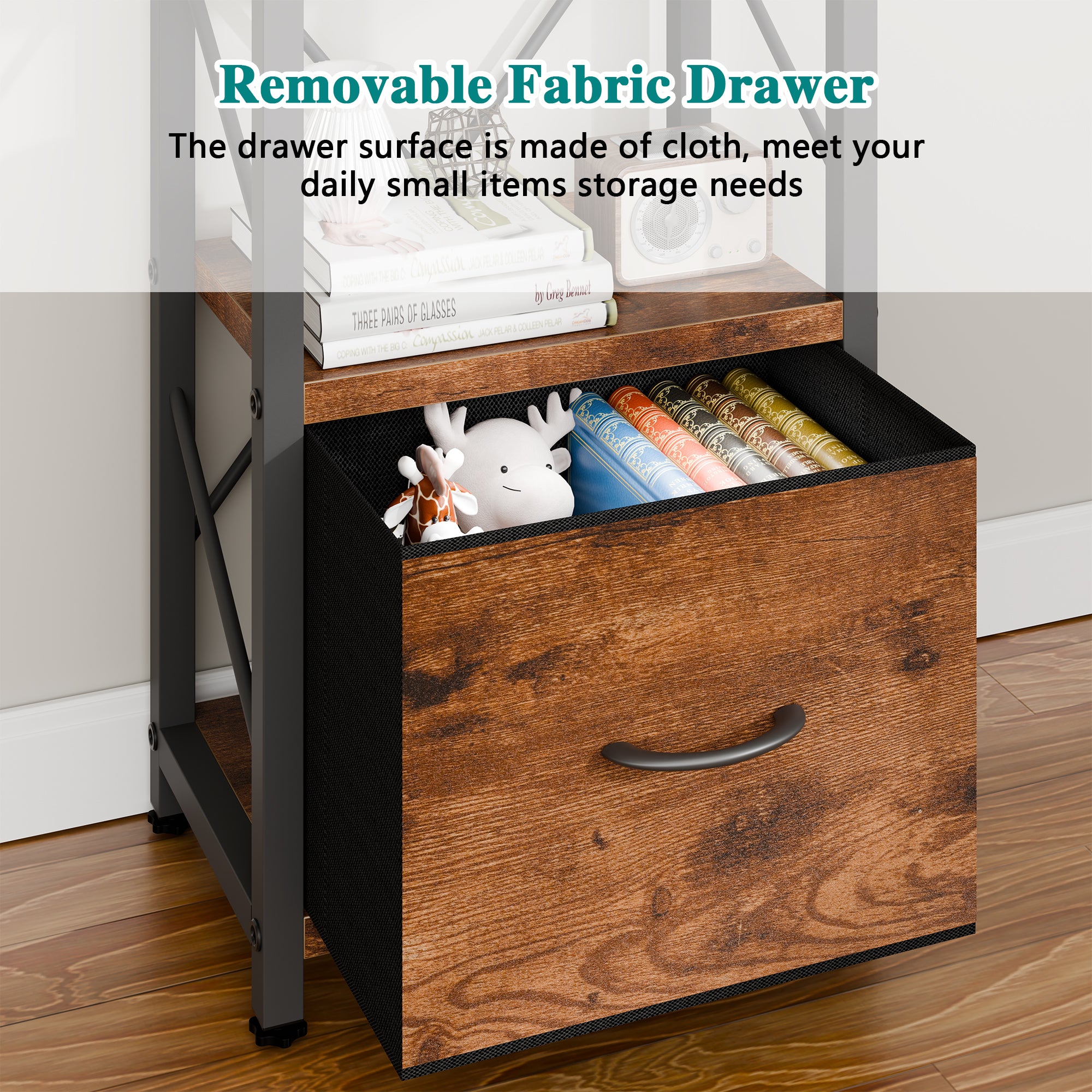 Vongrasig 5 Tier Bookshelf with Drawer, Industrial Tall Narrow Bookcase, Display Shelf Modern Wood and Metal Bookshelves, Free Standing Storage Organizer for Office, Living Room