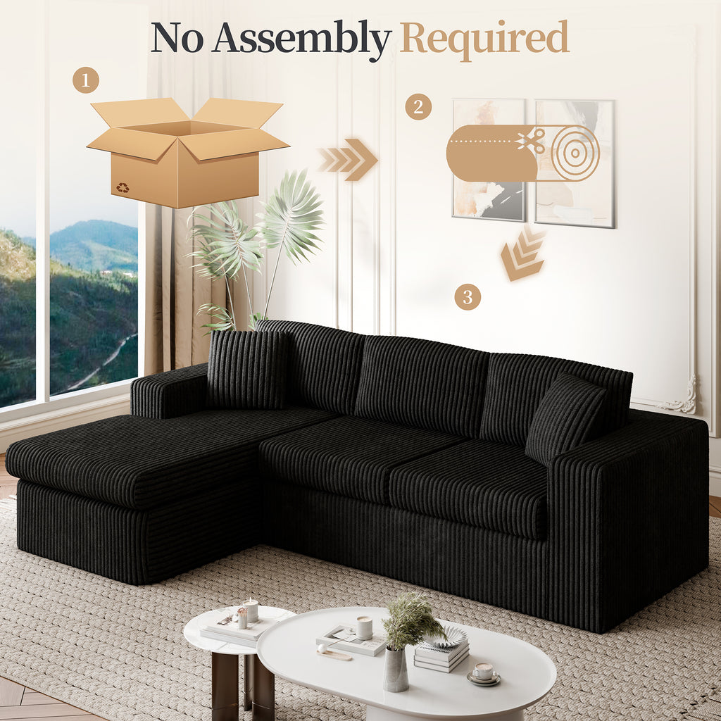 Vongrasig 105" Boneless Couches for Living Room, Sectional Couches Modular Sofa with L-Shaped Chaise, Memory Foam Comfy Cloud Couch with Plush Corduroy Fabric, No Assembly Required, Black