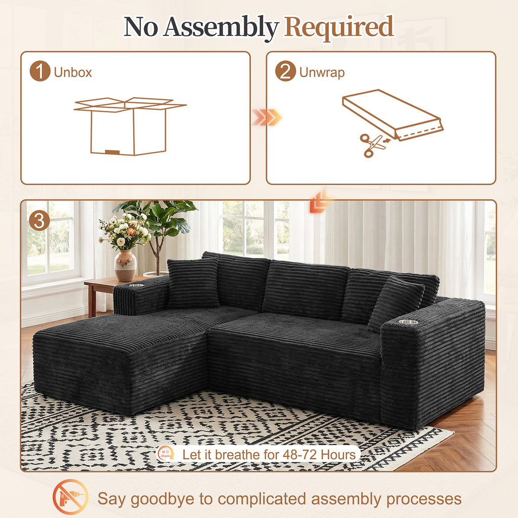 Vongrasig 103" Boneless Sectional Couches for Living Room, L-Shaped Chaise Modular Cloud Couch with Cup Holders on Armrests, Plush Corduroy Comfy Sofa with Memory Foam, No Assembly Required