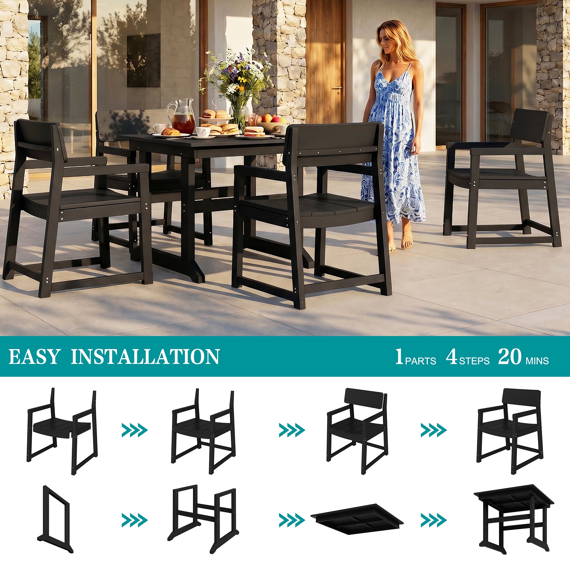 Vongrasig 5 Pieces Patio Dining Set, All Weather Outdoor HDPE Dining Furniture Set with Table and Chairs for 4, Garden Patio Furniture Set for Lawn, Backyard, Poolside, Black