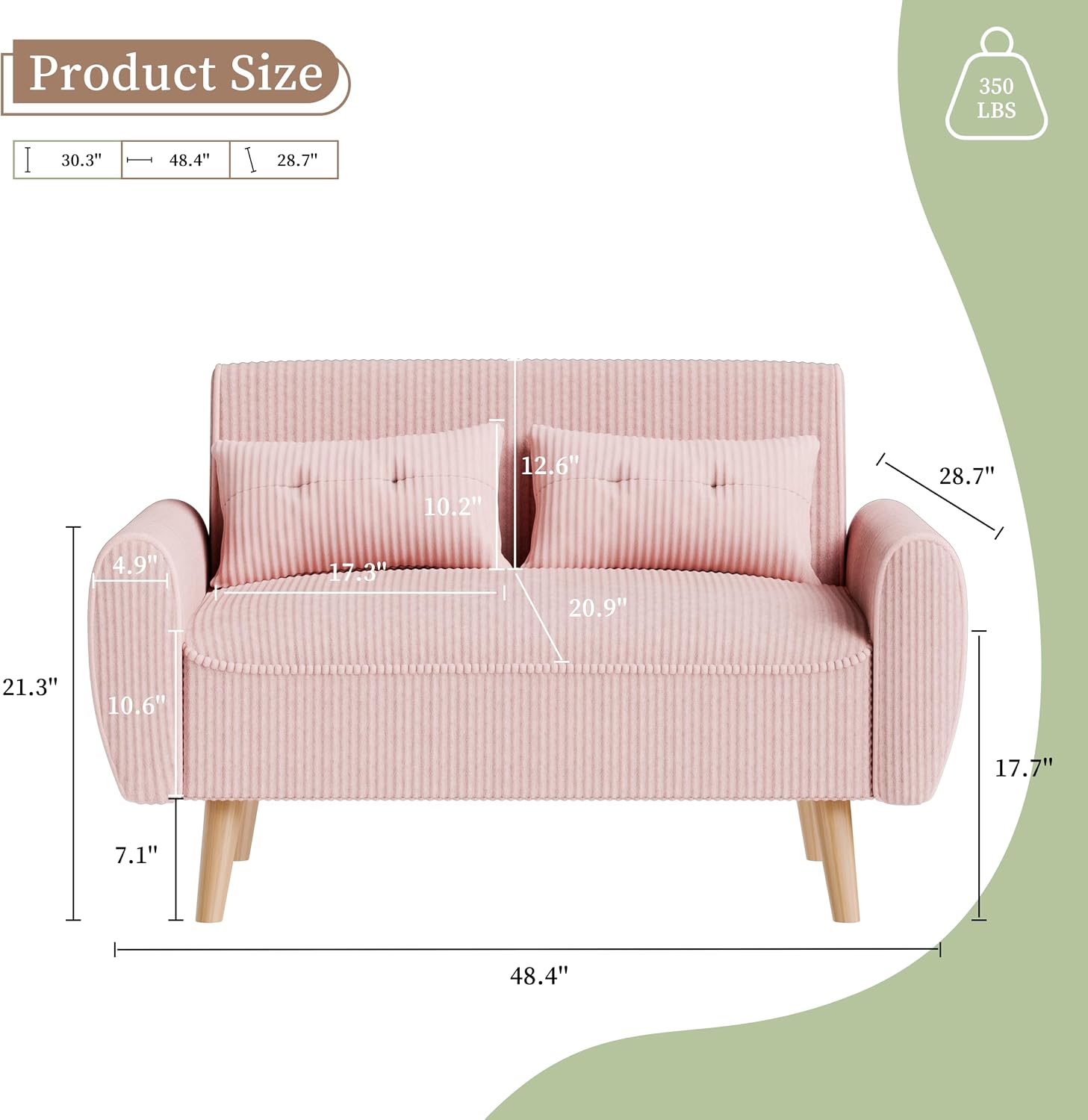 Vongrasig 48" Small Modern Loveseat Sofa, Mid Century Soft Corduroy Fabric 3-Seat Sofa Couch Tufted with Back Cushions and Tapered Legs for Living Room, Bedroom and Small Space