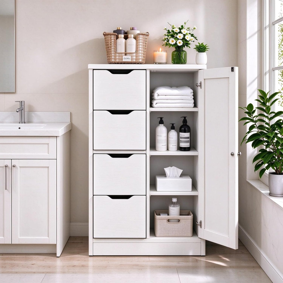 Vongrasig Bathroom Floor Storage Cabinet, Wooden Storage Organizer with 4 Drawers and 1 Door, Freestanding Pantry Cabinet with Adjustable Shelves for Bathroom, Living Room, Kitchen, Entryway