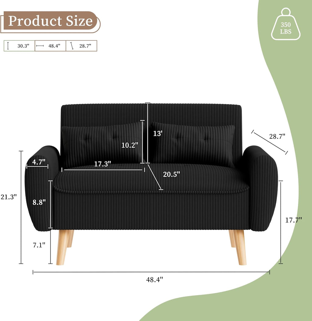 Vongrasig 48" Small Modern Loveseat Sofa, Mid Century Soft Corduroy Fabric 3-Seat Sofa Couch Tufted with Back Cushions and Tapered Legs for Living Room, Bedroom and Small Space