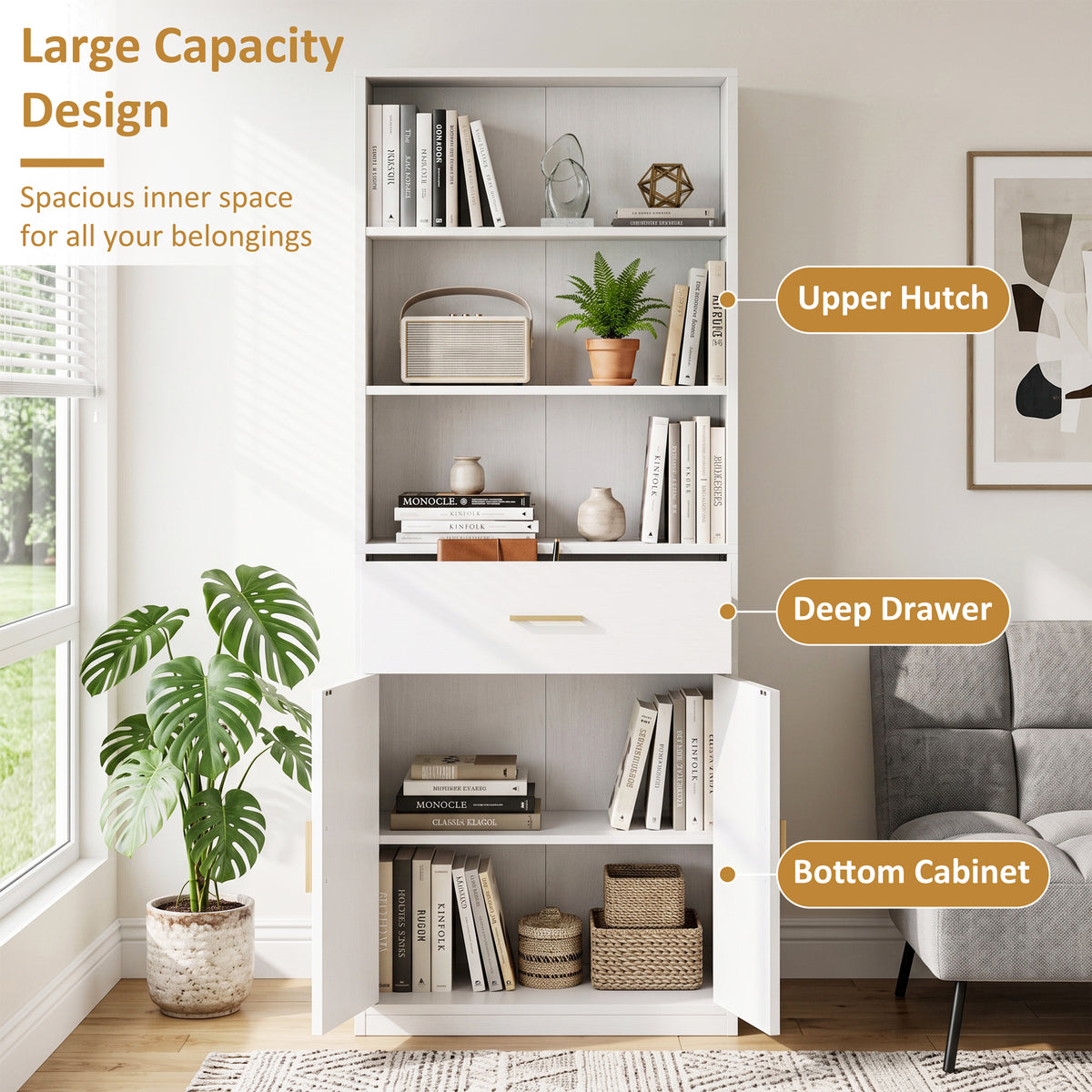 Vongrasig 71” Tall Bookshelf, Wood Bookcase with 1 Drawer & 2 Doors, 6 Tier Bookshelf with Storage, Display Book Shelf with Adjustable Shelf for Home Office, Living Room, Narrow Space