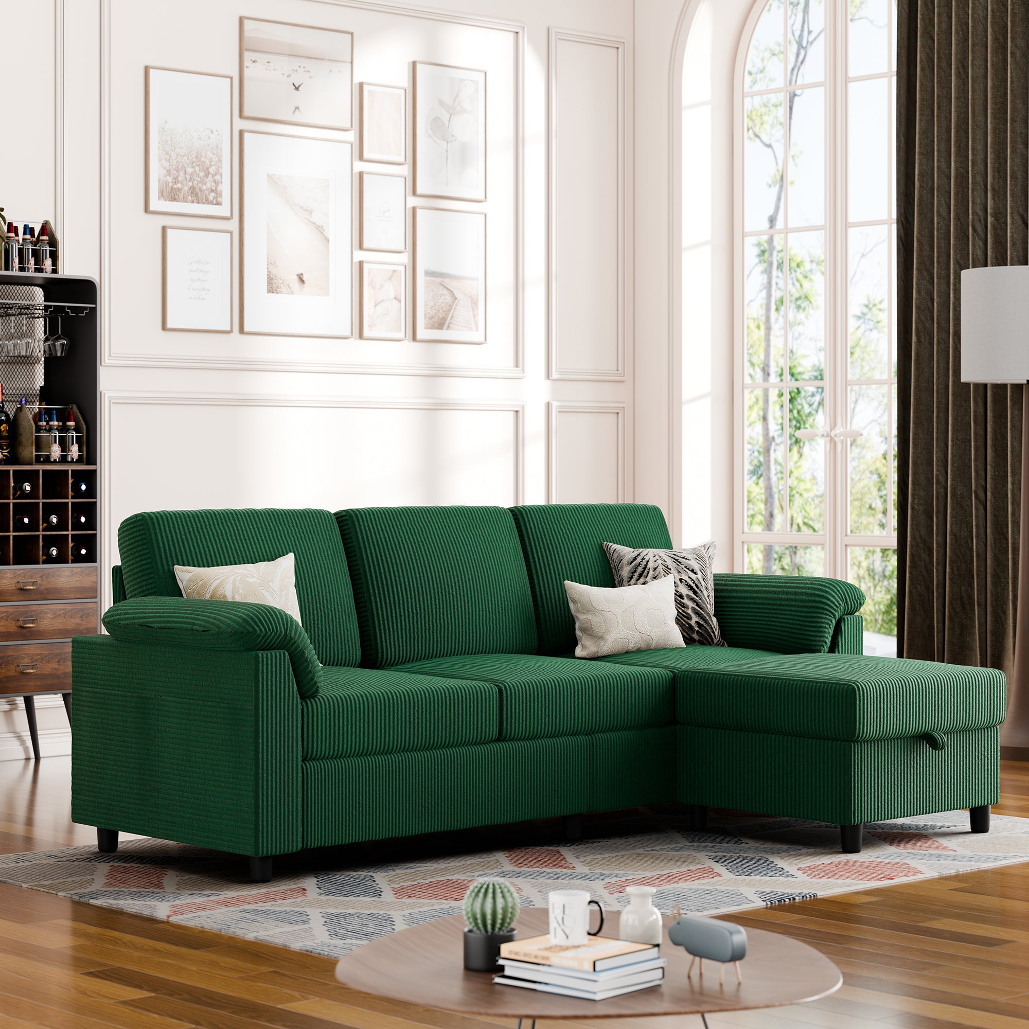 Vongrasig Convertible Sectional Sofa Couch, 3 Seat L Shaped Sofa with Removable Pillows Soft Corduroy Fabric Small Couch Mid Century for Living Room, Apartment and Office, Green