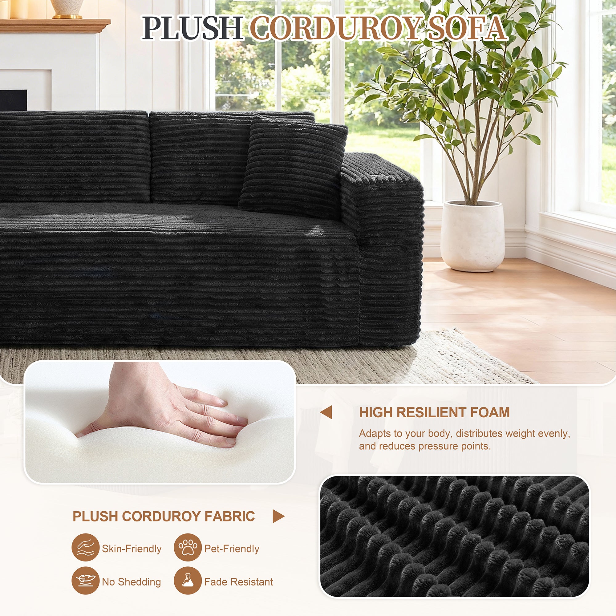 Vongrasig 103" Boneless Sectional Couches for Living Room, L-Shaped Chaise Modular Cloud Couch with Cup Holders on Armrests, Plush Corduroy Comfy Sofa with Memory Foam, No Assembly Required