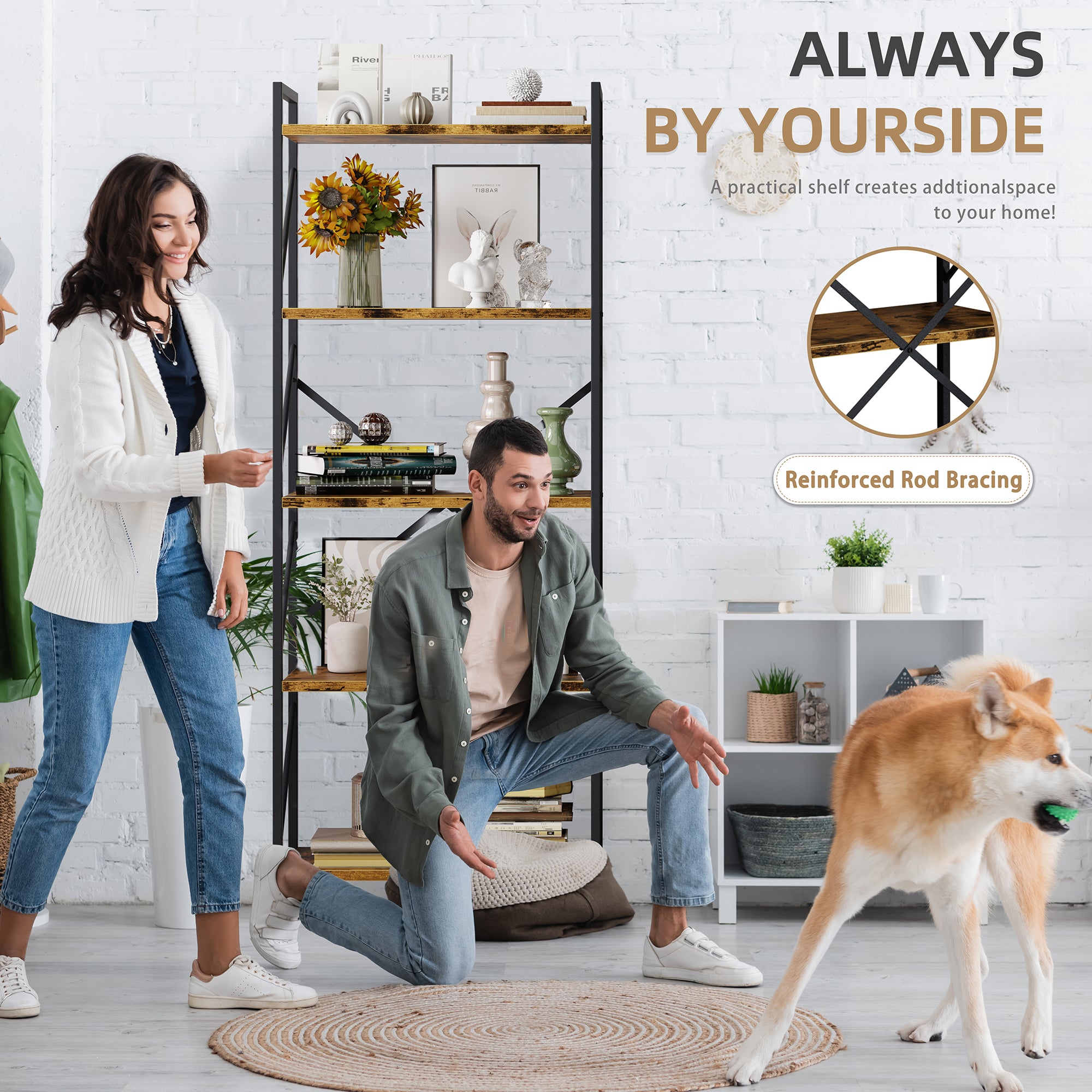 Vongrasig 5 Tier Bookshelf, Modern Industrial Bookcase with Metal Frame | 62” Tall Display Shelf, Free Standing Storage Organizer for Home Office, Living Room, Bedroom